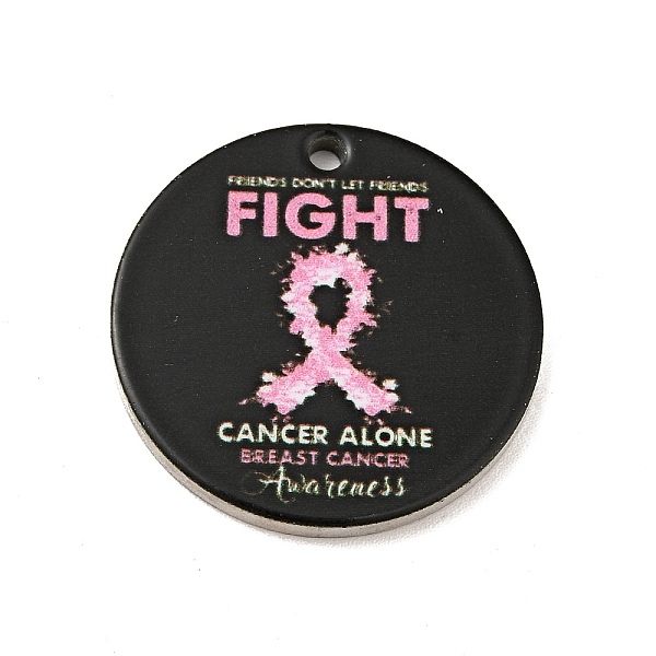 

PandaHall Breast Cancer Pink Awareness Ribbon Style 201 Stainless Steel Pendants, Flat Round, Stainless Steel Color, Hot Pink, 25x1mm, Hole...
