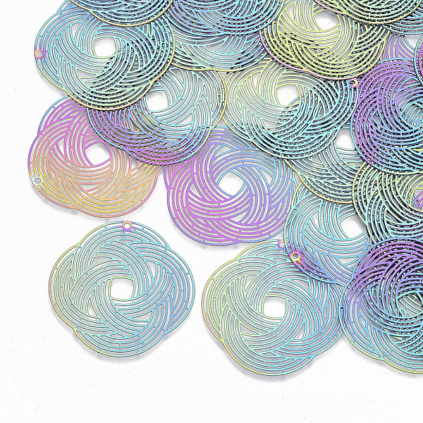 

PandaHall Ion Plating(IP) 201 Stainless Steel Filigree Pendants, Etched Metal Embellishments, Flower, Rainbow Color, 37x37x0.3mm, Hole...
