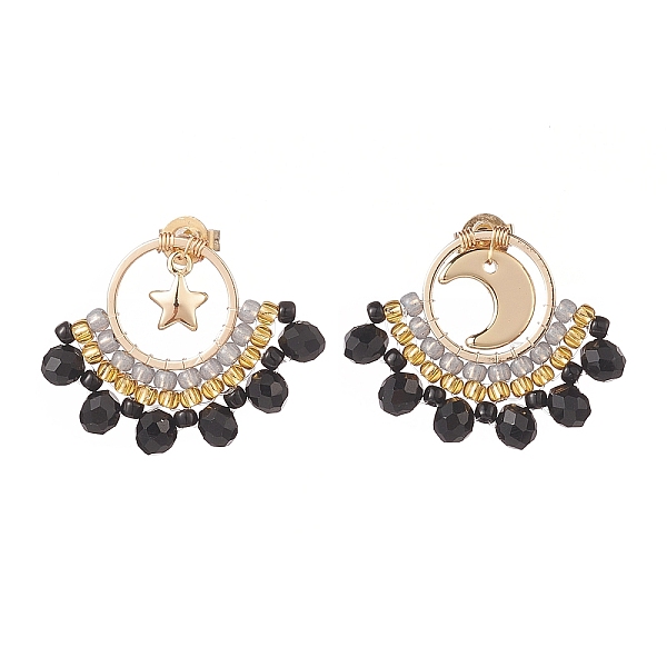 

PandaHall Glass Seed Braided Beaded Fan Dangle Stud Earrings, Brass Star & Moon Jewelry for Women, Real 18K Gold Plated, 20.5x25mm, Pin..., Black