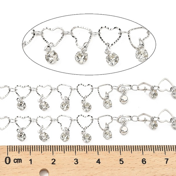 

PandaHall Rack Plating Brass Heart Link Chains, with Clear Glass Charms, Long-Lasting Plated, Soldered, with Spool, Platinum, Heart...