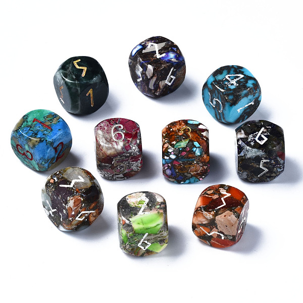 

PandaHall Synthetic Gold Line Regalite/Imperial Jasper/Sea Sediment Jasper Beads, No Hole, Dice, with Number Pattern, Mixed Color..., Multicolor