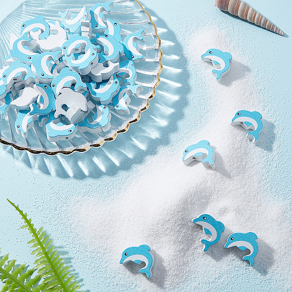 

PandaHall 120pcs Wood Dolphin Charms, Blue Natural Wooden Beads Dyed Ocean Sea Wooden Embellishments for Necklace Jewellery Making Summer...