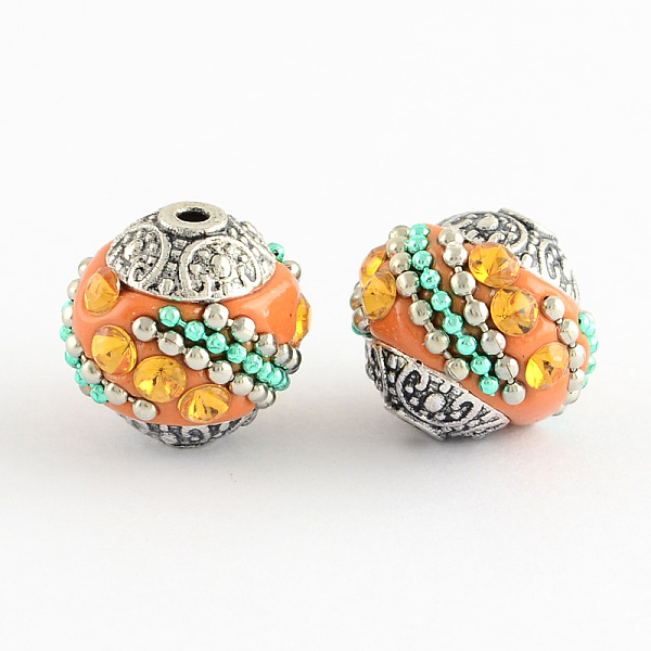 

PandaHall Handmade Indonesia Beads, with Light Topaz Rhinestones and Alloy Cores, Round, Antique Silver, Dark Orange, 14~16x14~16mm, Hole..., Yellow