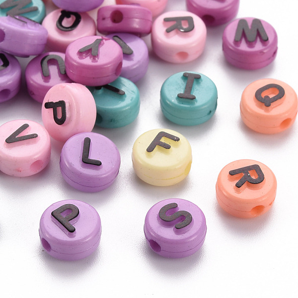 

PandaHall Opaque Mixed Color Acrylic Beads, Horizontal Hole, Flat Round with Black Random Letters, Mixed Color, 10x6mm, Hole: 2mm, about..., Multicolor