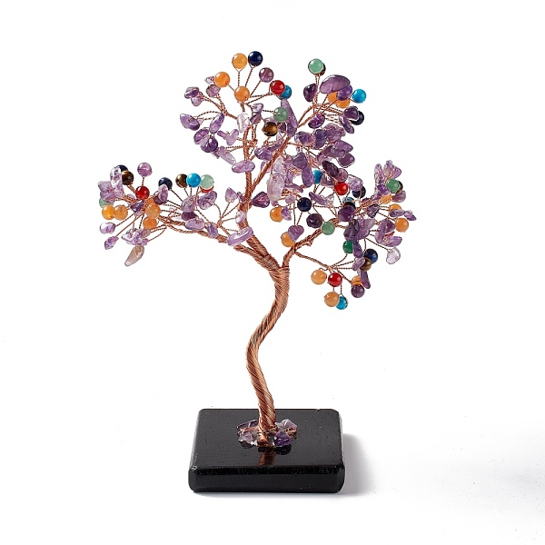 

PandaHall Natural Gemstone Tree Display Decoration, Obsidian Slice Base Feng Shui Ornament for Wealth, Luck, Rose Gold Brass Wires Wrapped...