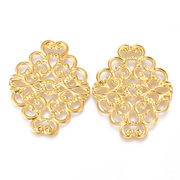 

PandaHall Iron Filigree Joiners Links, Etched Metal Embellishments, Rhombus, Golden, 37x30x0.5mm Iron Rhombus