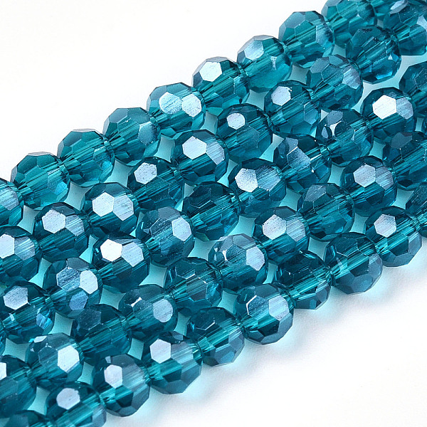 

PandaHall Electroplate Transparent Glass Beads Strands, Faceted(32 Facets), Round, Pearl Luster Plated, Steel Blue, 4mm, Hole: 0.7mm, about..., Cyan