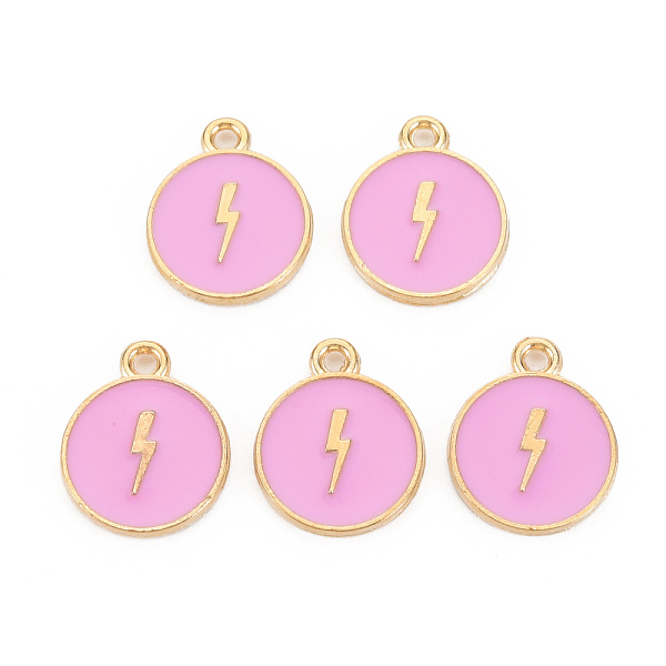 

PandaHall Alloy Enamel Pendants, Cadmium Free & Lead Free, Light Gold, Flat Round with Lightning, Pearl Pink, 16x13x2mm, Hole: 1.6mm...