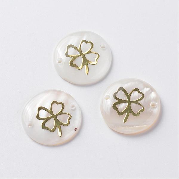

PandaHall Freshwater Shell Links connectors, with Alloy Findings, Flat Round with Clover, Golden, 20x3~3.5mm, Hole: 1mm Shell Flat Round..., White