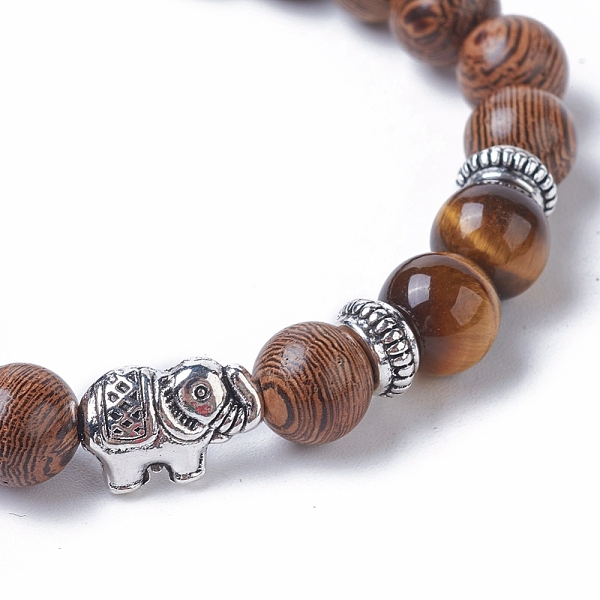 

PandaHall Dyed Wood Round Beads Stretch Bracelets, with Natural Tiger Eye Beads, Tibetan Style Antique Silver Plated Alloy Elephant Beads &...