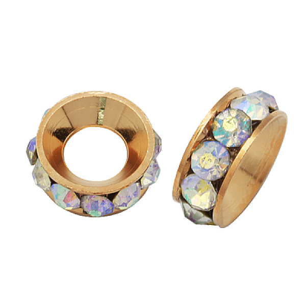 

PandaHall Brass Rhinestone Spacer Beads, Grade A, Rondelle, Crystal AB, 10x4.2mm Brass+Rhinestone Rondelle Clear