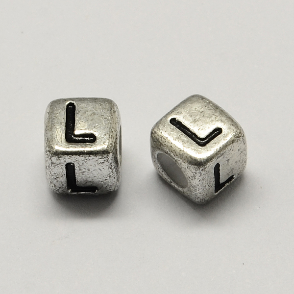 

PandaHall Antique Silver Plated Large Hole Acrylic Letter European Beads, Horizontal Hole, Cube with Letter.L, 6x6x6mm, Hole: 4mm, about...