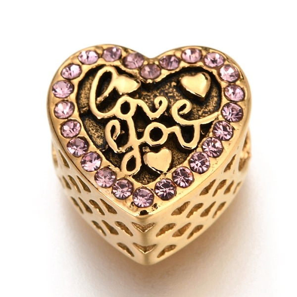 

PandaHall Ion Plating(IP) 304 Stainless Steel European Beads, Large Hole Beads, with Rhinestone, Heart with Word Love You, For Valentine's..., Pink