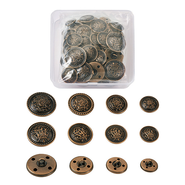 

PandaHall 80Pcs 8 Style Brass Shank Buttons, Flat Round with Flower Pattern, Antique Bronze, 15~25mm, 10pcs/style Brass Flat Round