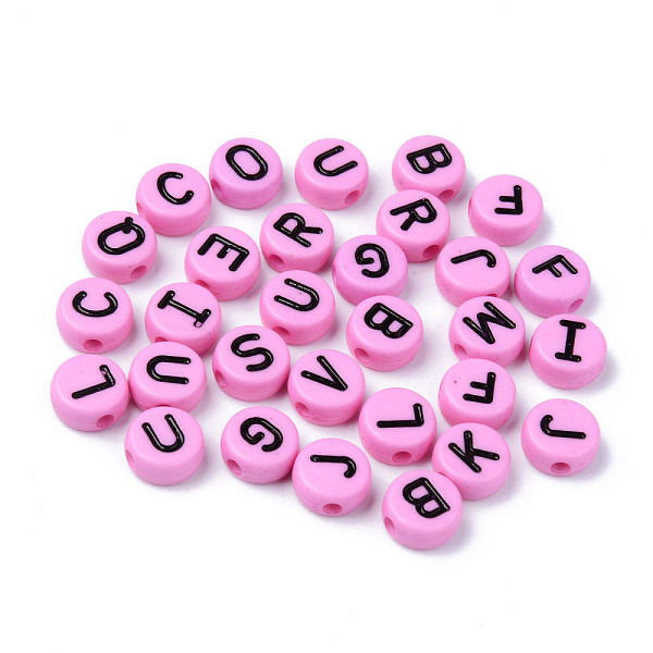 

PandaHall Opaque Acrylic Beads, Horizontal Hole, Flat Round with Black Random Letters, Pearl Pink, 10x4.5mm, Hole: 2mm, about 1600pcs/500g...