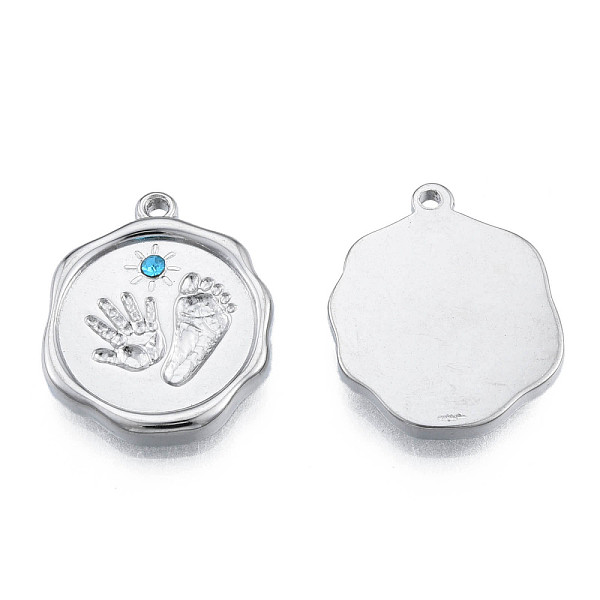 

PandaHall 304 Stainless Steel Pendants, with Aquamarine Rhinestone, Nuggets with Fingerprint & Footprints, Stainless Steel Color..., Cyan