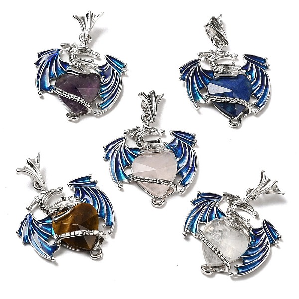 

PandaHall Natural & Synthetic Mixed Gemstone Pendants, Faceted Heart Charms, with Rack Plating Platinum Plated Brass Enamel Dragon, Mixed...