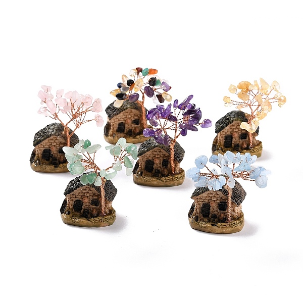 PandaHall Resin & Natural Mixed Stone Model Ornament, House & Trees, for Desk Home Decoration, 37~52x31~33x67~70mm Mixed Stone Tree