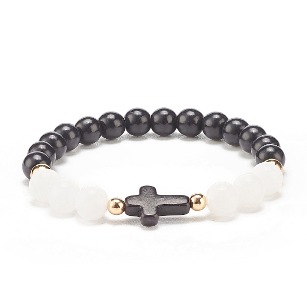 

PandaHall Natural White Jade & Synthetic Turquoise(Dyed) Stretch Bracelet with Cross, Gemstone Jewelry for Women, Black, Inner Diameter...