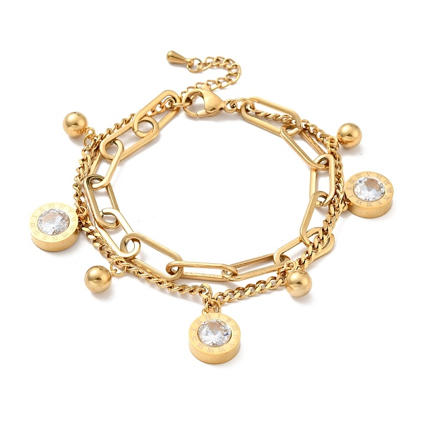 

PandaHall Clear Cubic Zirconia and Round Ball Charm Multi-strand Bracelet, Vacuum Plating 304 Stainless Steel Double Layered Chains Bracelet...