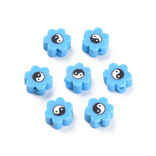 

PandaHall Handmade Polymer Clay Beads, for DIY Jewelry Crafts Supplies, Flower with Yinyang, Deep Sky Blue, 8~9x7.5~8.5x4~4.5mm, Hole...