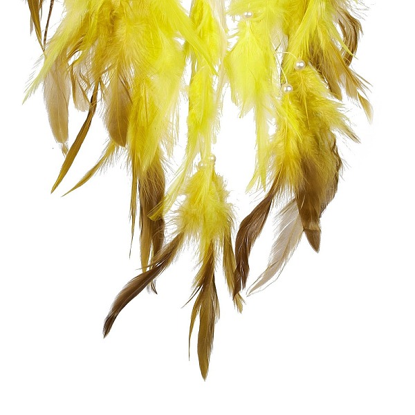 

PandaHall Iron Woven Web/Net with Feather Pendant Decorations, with Plastic and Citrine Stone Beads, Covered with Leather and Brass Cord..., Yellow