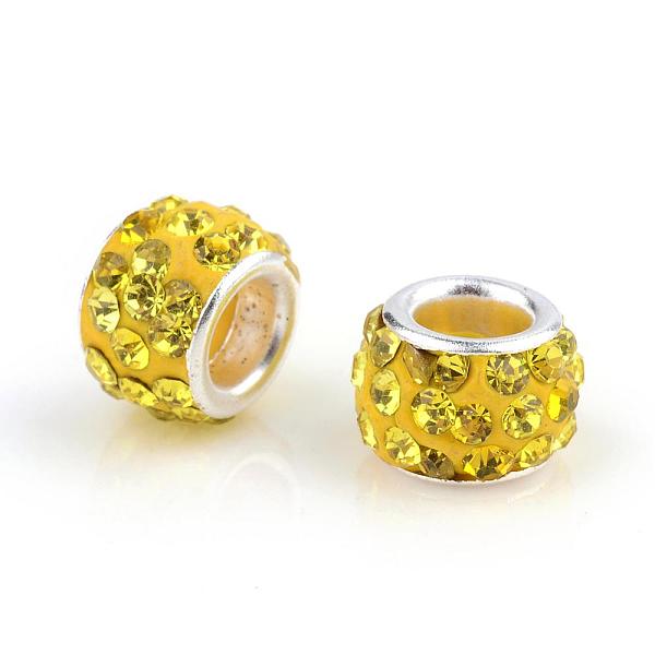 

PandaHall Polymer Clay Rhinestone European Beads, Large Hole Beads, Rondelle, with Silver Color Plated Brass Cores, Citrine, 10~12x7~8mm..., Orange