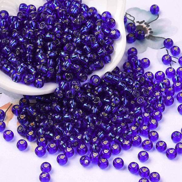PandaHall 6/0 Glass Seed Beads, Silver Lined Round Hole, Round, Purple, 4x3mm, Hole: 1.2mm, about 6925pcs/pound Glass Purple