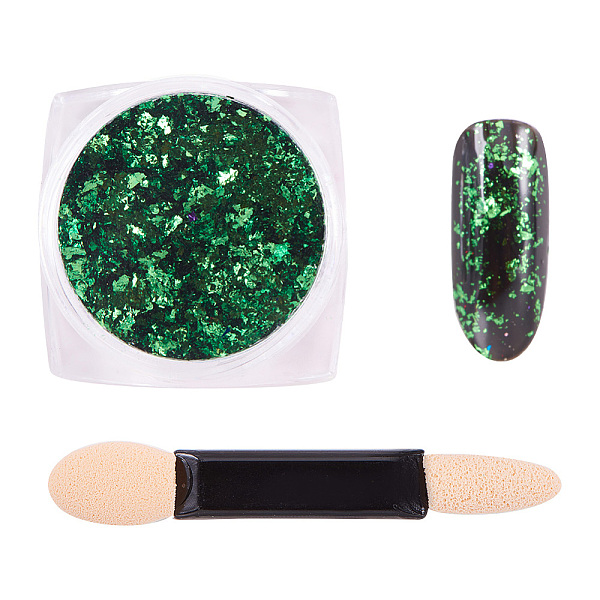 

PandaHall Nail Art Glitter Flakes, Foil Flake Nail Art Pigment Dust Chrome Powder, with One Brush, Green, 30x30x17mm, about 0.3g/box Plastic...