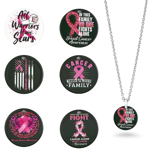 

PandaHall CHGCRAFT 6Pcs 6 Style Breast Cancer Pink Awareness Ribbon Style 201 Stainless Steel Pendants, Flat Round, Stainless Steel Color..., Multicolor