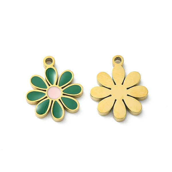 

PandaHall Ion Plating(IP) 304 Stainless Steel Manual Polishing Charms, with Enamel, Flower Charm, Golden, 13x10.5x1.5mm, Hole: 1.2mm..., Green