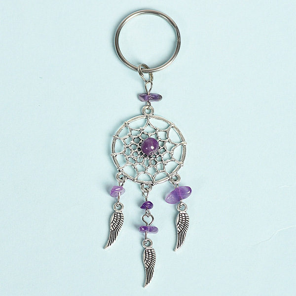 

PandaHall Natural Amethystwith Aolly Keychain, Woven Web/Net, 11cm Amethyst