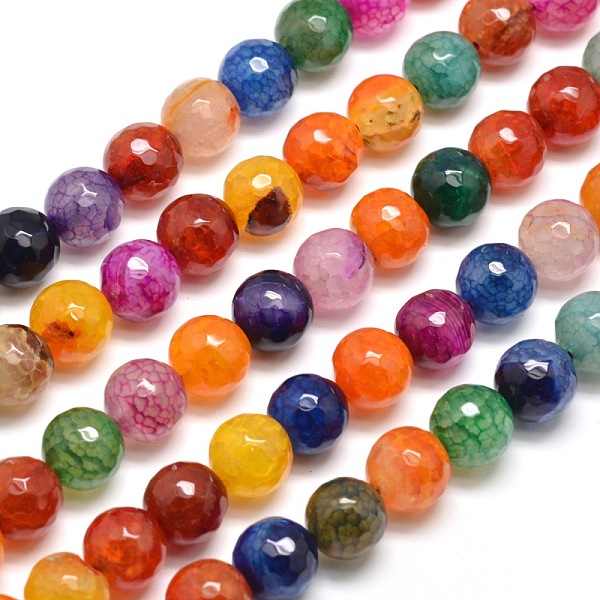 

PandaHall Dyed Natural Agate Faceted Round Beads Strands, Colorful, 10mm, Hole: 1mm, about 38pcs/strand, 15 inch Crackle Agate Round
