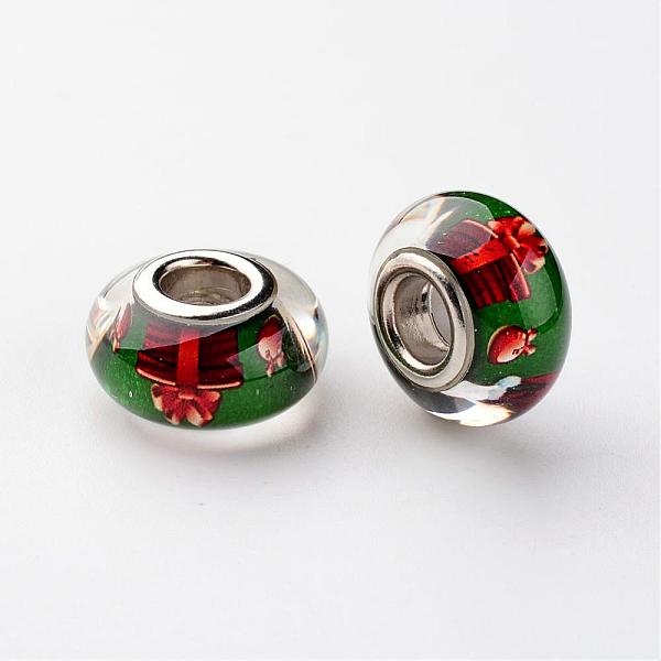 

PandaHall Large Hole Rondelle Resin European Beads, with Platinum Tone Brass Double Cores, Christmas, Dark Green, 14x8mm, Hole: 5mm...