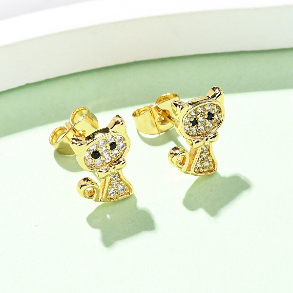 Boucles d'oreilles à tige en laiton micro pavé de zircones cubiques en forme de chat, véritable 16k plaqué or, 12x7.5mm