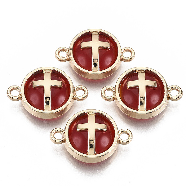 

PandaHall Glass Links connectors, with Light Gold Plated Alloy Findings, Flat Round with Cross, Dark Red, 13.5x19.5x5.5mm, Hole: 1.6mm...