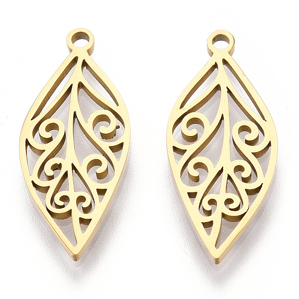 

PandaHall Ion Plating(IP) 304 Stainless Steel Pendants, Laser Cut, Leaf Charm, Real 18K Gold Plated, 25x10.5x1.5mm, Hole: 1.6mm 304...