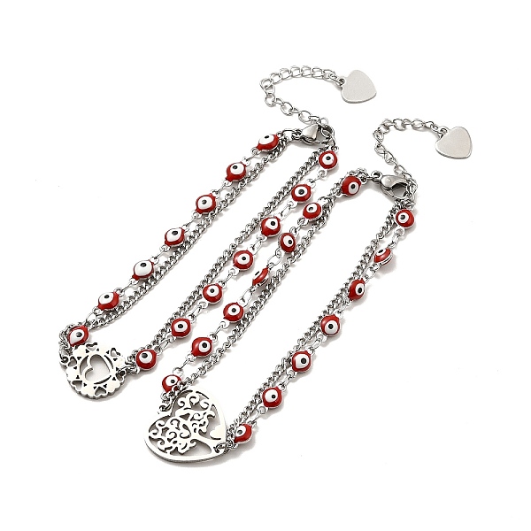 

PandaHall Red Enamel Evil Eye & 304 Stainless Steel Curb Chains Double Layer Multi-strand Bracelet with Charm for Women, Stainless Steel...