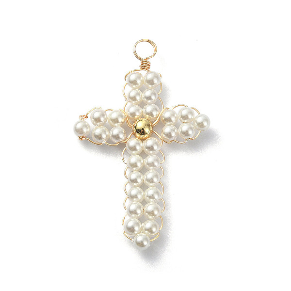 

PandaHall Round Shell Pearl Bead Copper Wire Wrapped Pendants, Cross Charms, with Round Brass Beads, Nickel Free, Long-Lasting Plated...