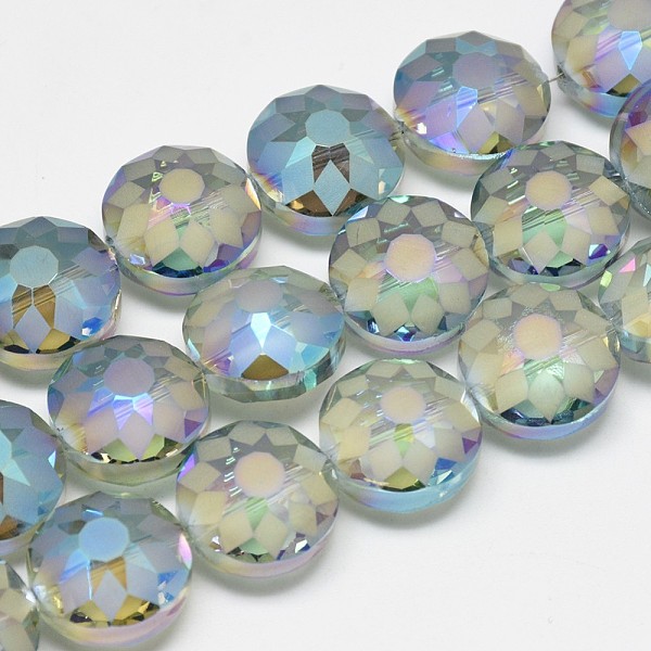 

PandaHall Electroplate Glass Beads Strands, Frosted, Rainbow Plated, Faceted, Flat Round, Light Sky Blue, 12x8~9mm, Hole: 1mm, about...