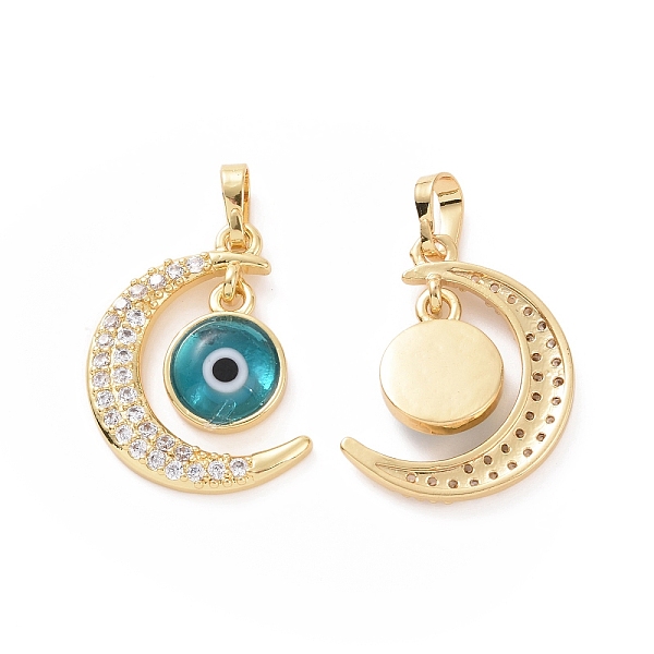 

PandaHall Brass Micro Pave Cubic Zirconia Pendants, with Handmade Evil Eye Lampwork, Crescent Moon Charm, Real 18K Gold Plated, Cyan...