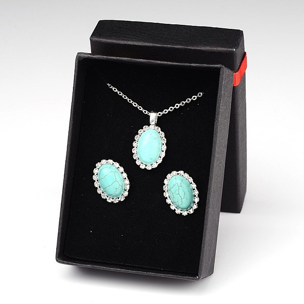 

PandaHall Trendy Synthetic Turquoise Pendant Necklaces and Ear Studs Jewelry Sets, with Silver Color Plated Brass Rhinestone Cup Chain, 18..., Clear