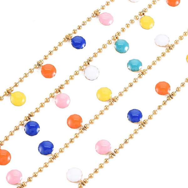 

PandaHall 304 Stainless Steel Ball Chains, with Flat Round Enamel Charm, Real 18K Gold Plated, Colorful, 9x6x1mm, about 3.28 Feet(1m)/Strand...