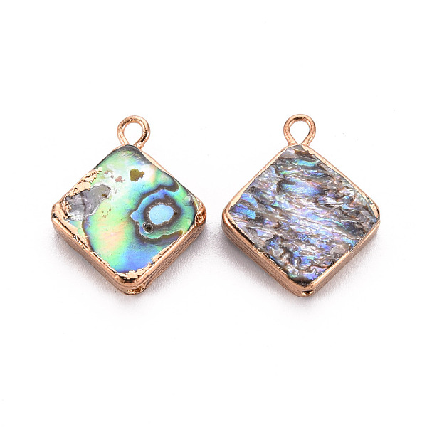 

PandaHall Electroplated Natural Abalone Shell/Paua Pendants, with Golden Iron Findings and Half Drilled, Rhombus, 18.5~19.5x15.5x3.5mm, Hole...