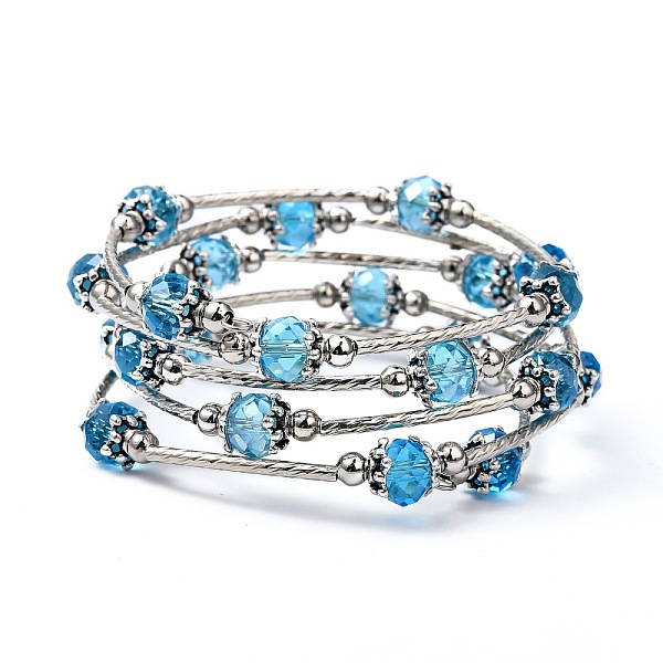 

PandaHall Fashion Wrap Bracelets, with Rondelle Glass Beads, Tibetan Style Bead Caps, Brass Tube Beads and Steel Memory Wire, Deep Sky Blue...