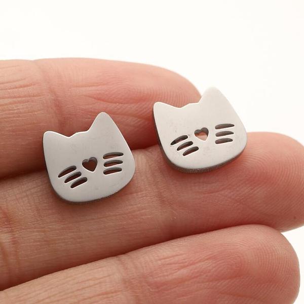 

PandaHall Stainless Steel Studs Earring, Jewelry for Women, Stainless Steel Color, 10x11mm Stainless Steel Cat Shape