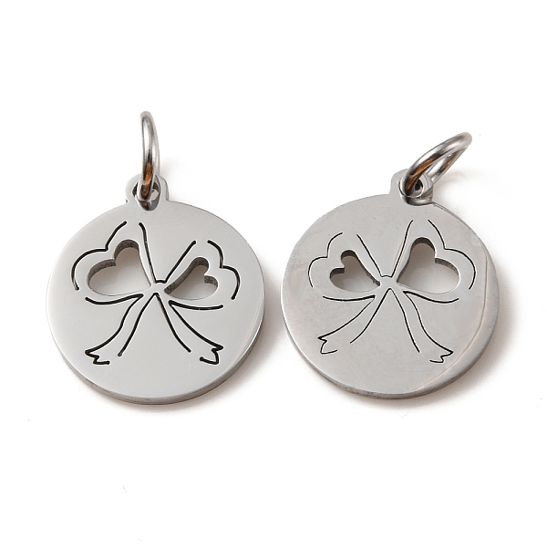 

PandaHall 304 Stainless Steel Charms, Laser Cut, with Jump Ring, Stainless Steel Color, Hollow, Flat Round Charm, Bowknot, 13.5x12x1mm, Hole...