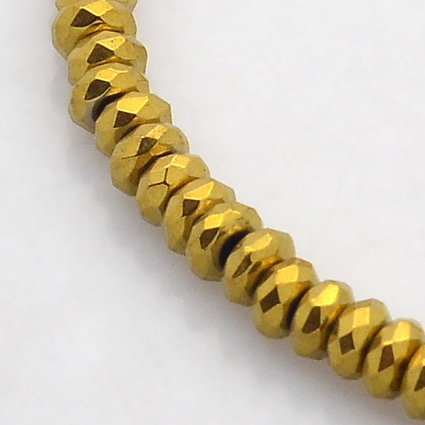 PandaHall Electroplate Non-magnetic Synthetic Hematite Beads Strands, Faceted Rondelle, Golden Plated, 4x2mm, Hole: 1mm, about 188pcs/strand...