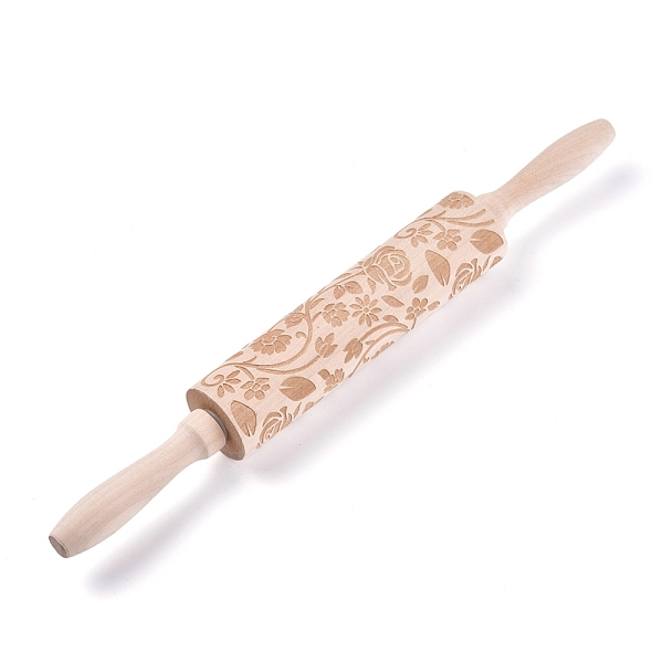 PandaHall Wooden Rolling Pin, Engraved Embossing Rolling Pin, for Baking Embossed Cookies, Kitchen Tool, BurlyWood, Floral Pattern, 35x4cm...