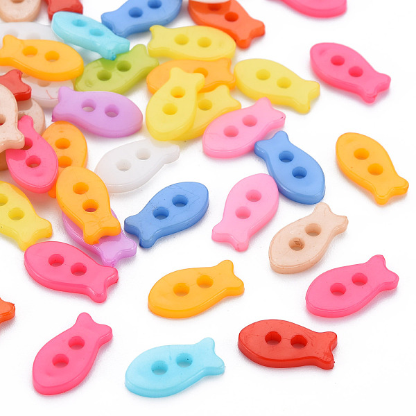 PandaHall 2-Hole Plastic Buttons, Fish, Mixed Color, 14x7x2mm, Hole: 2mm Plastic Fish Multicolor
